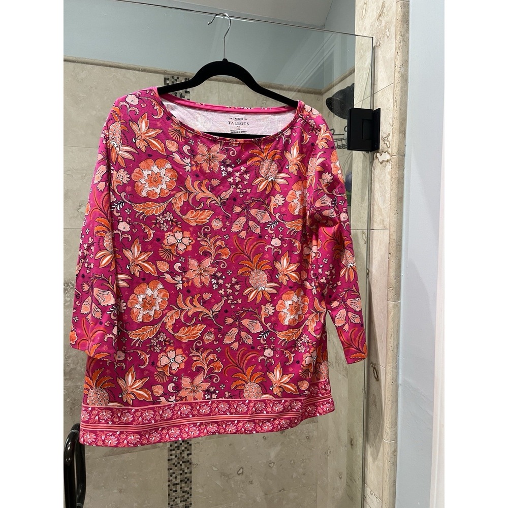 Talbots Womens Bateau Neck 2X Cotton Pineapple Pink Floral 3/4 Sleeves Pullover